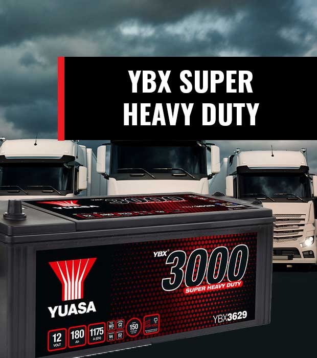 Raskaankaluston YBX Super Heavy Duty -akut. Kuorma-auton akku, raskaankaluston akut. Yuasa akut.