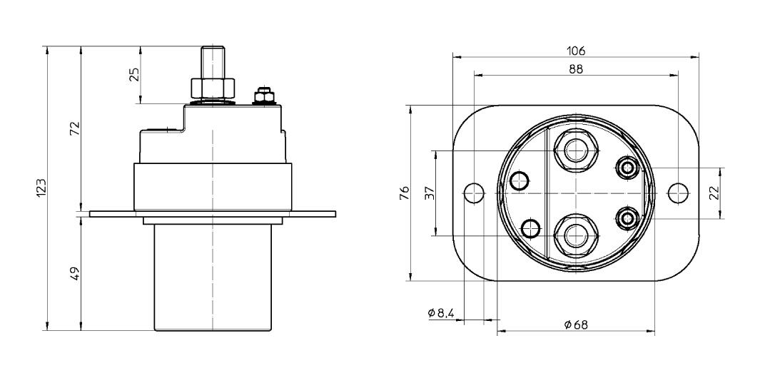 1-napainen elektromekaaninen päävirtakytkin, mittapiirros