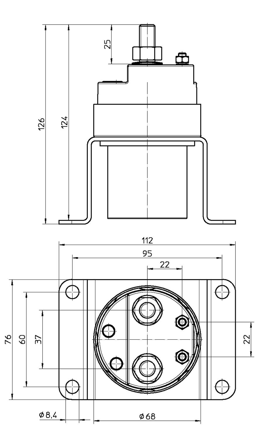1-napainen elektromekaaninen päävirtakytkin 12 V DC / 300 A, mittakuva
