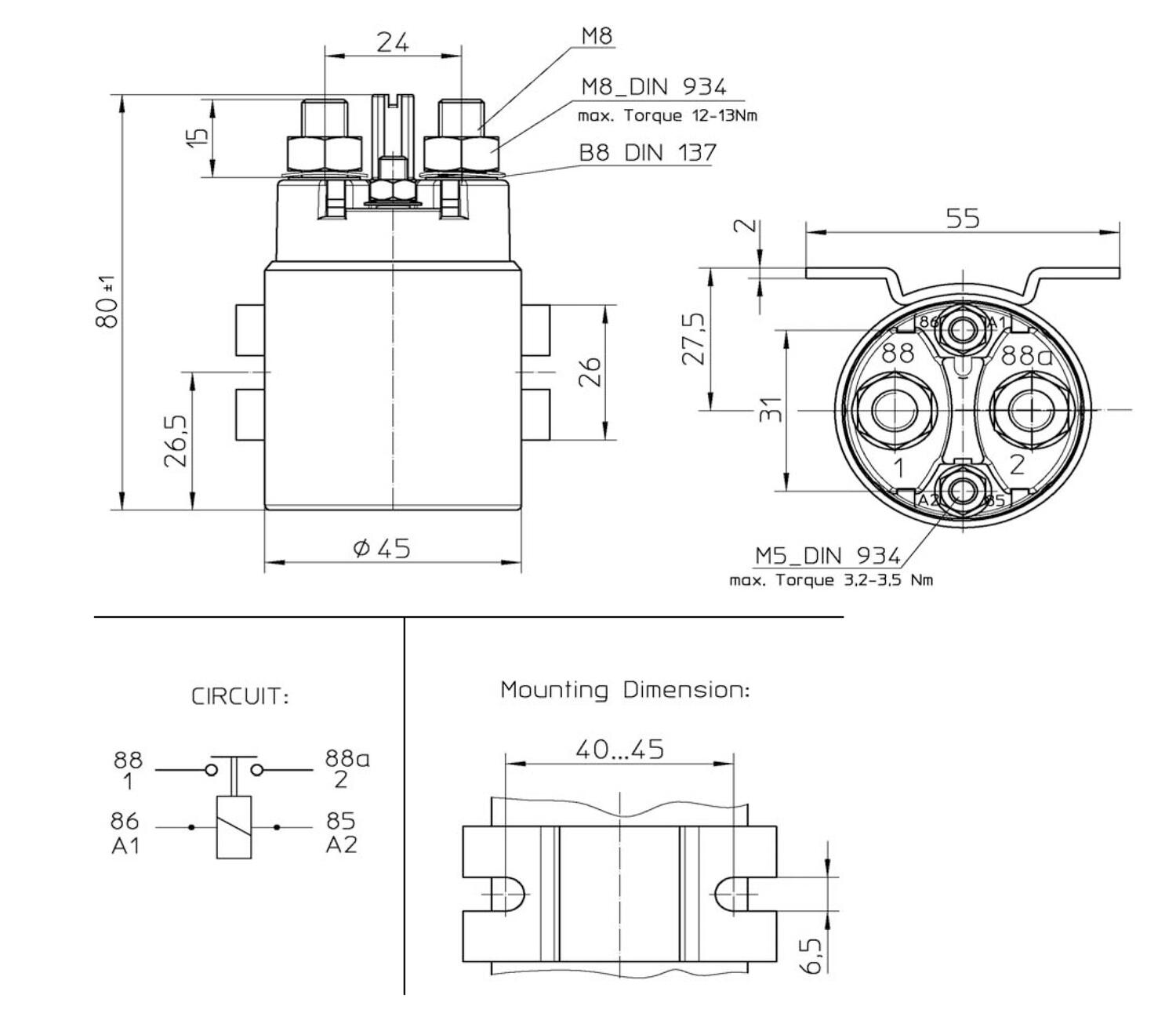 1-napainen elektromekaaninen päävirtakytkin 12 V DC / 300 A, mittakuva