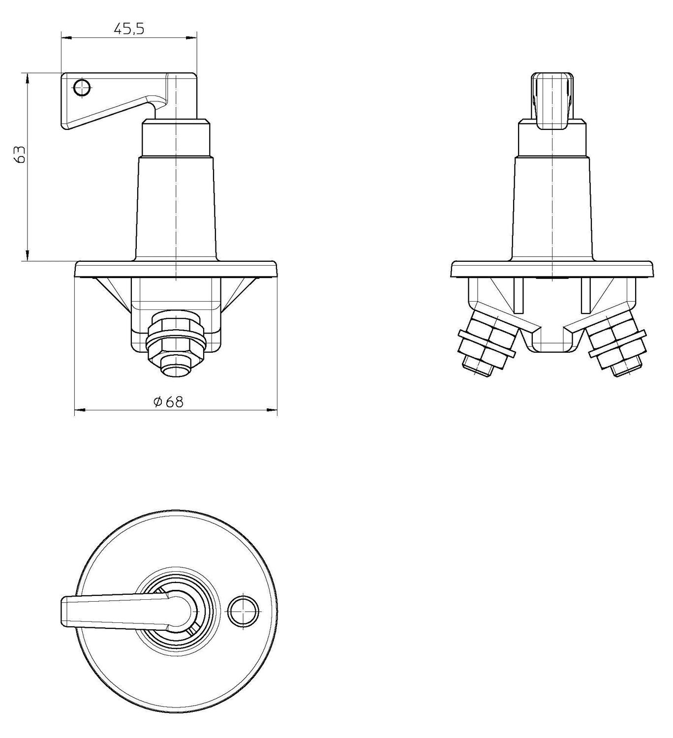 1-napainen metallinen päävirtakytkin, mittapiirros