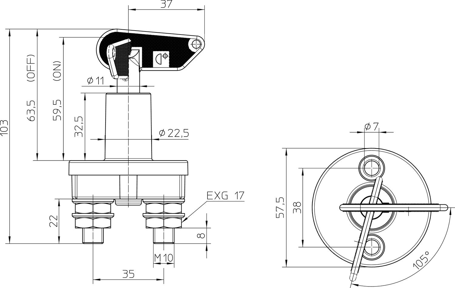1-Napainen muovinen pääkytkin 75A, mittapiirros