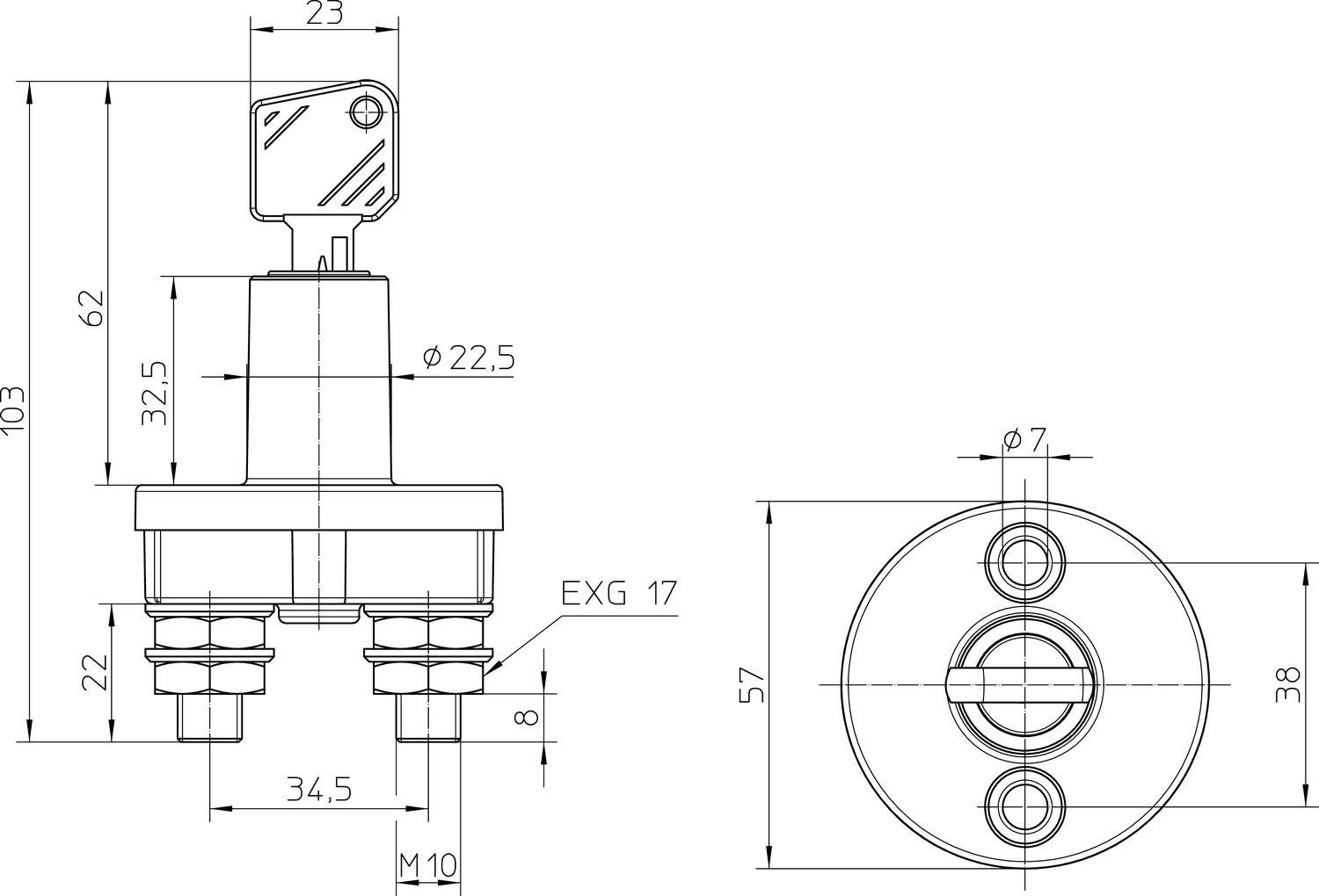 1-napainen päävirtakytkin avaimella, mittapiirros