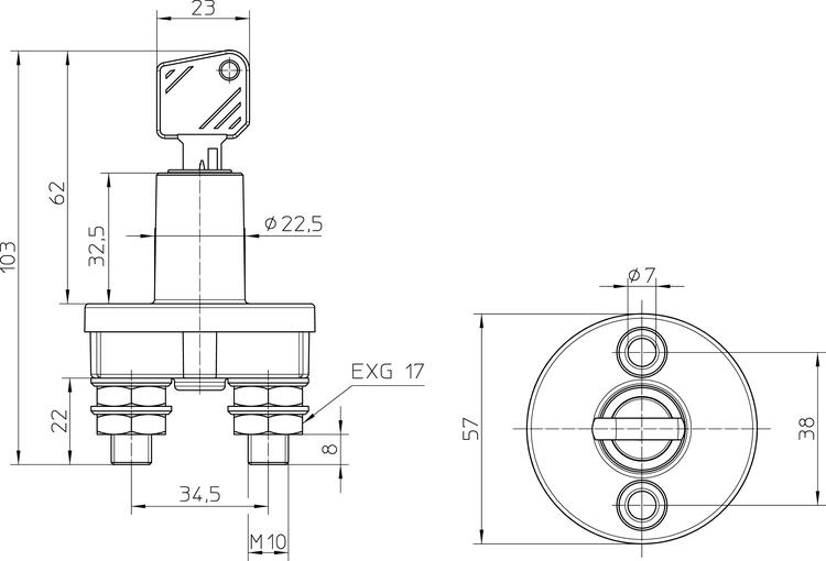 1-napainen päävirtakytkin avaimella, mittapiirros