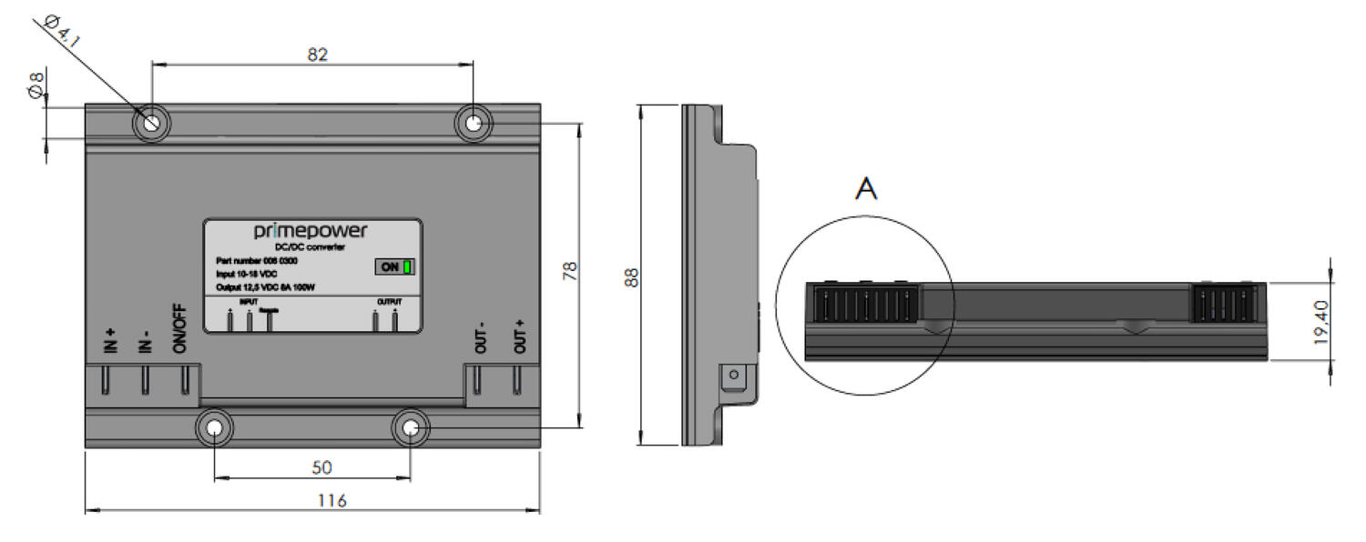 DC/DC-muunnin, Ei galvaanista erotusta, mittakuva