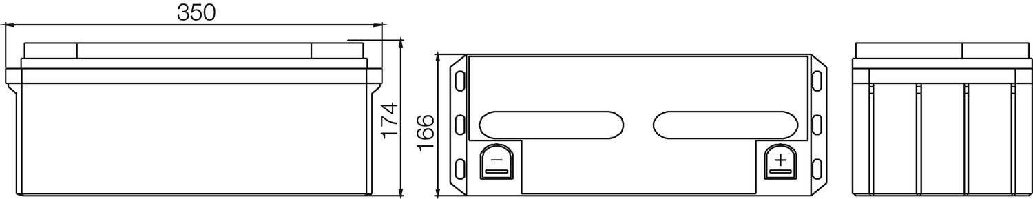 Yuasan NP65-12-akun mittapiirros, mitat 350x174x166 mm.