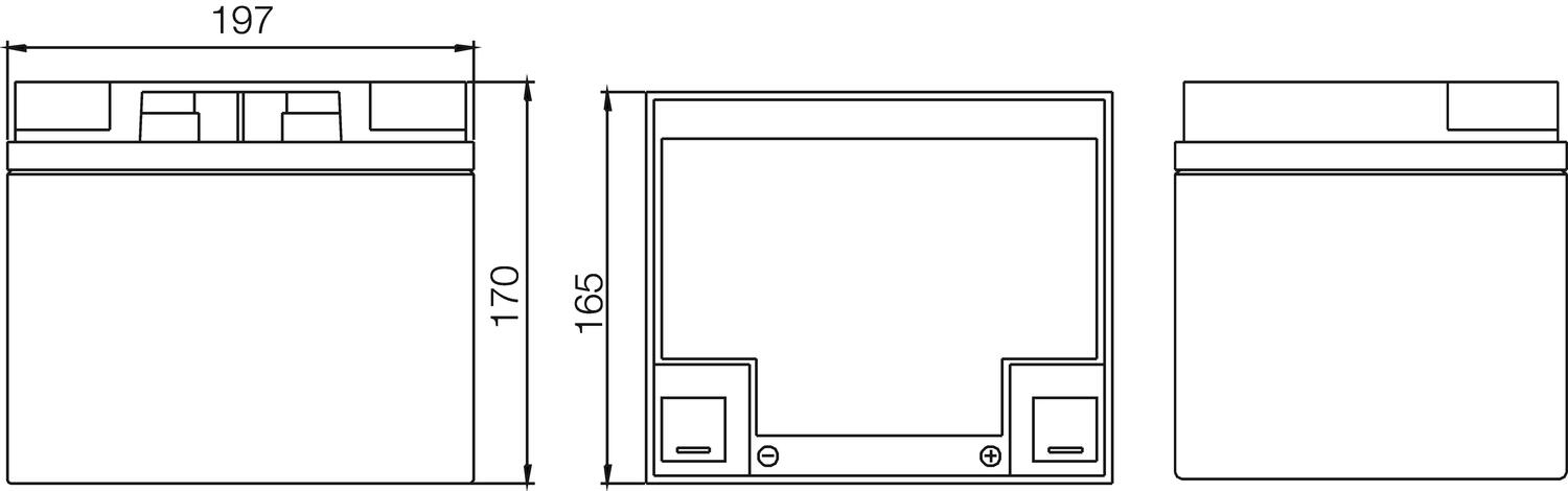 NP38-12:n piirustus Yuasa:ltä mitoiltaan 197x170x165 mm, näyttää yksityiskohtaisen suunnittelun ja liitännät.